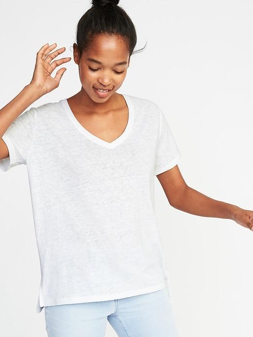 Old Navy Womens Linen-blend Boyfriend V-neck Tee For Women Cream Size M