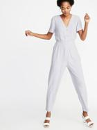 Waist-defined Striped V-neck Button-front Jumpsuit For Women