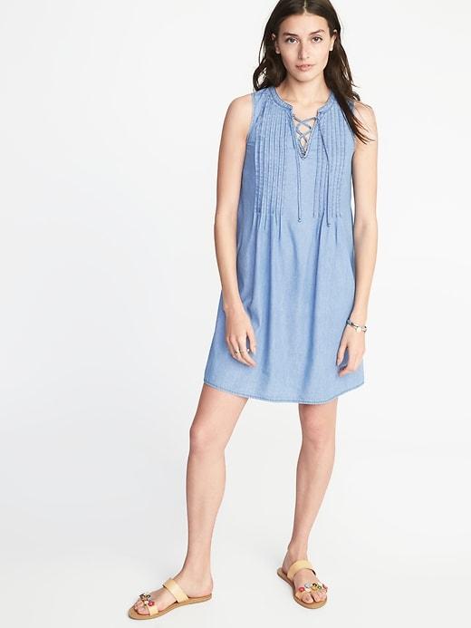 Old Navy Womens Sleeveless Lace-up-yoke Pintuck Swing Dress For Women Medium Wash Size Xl