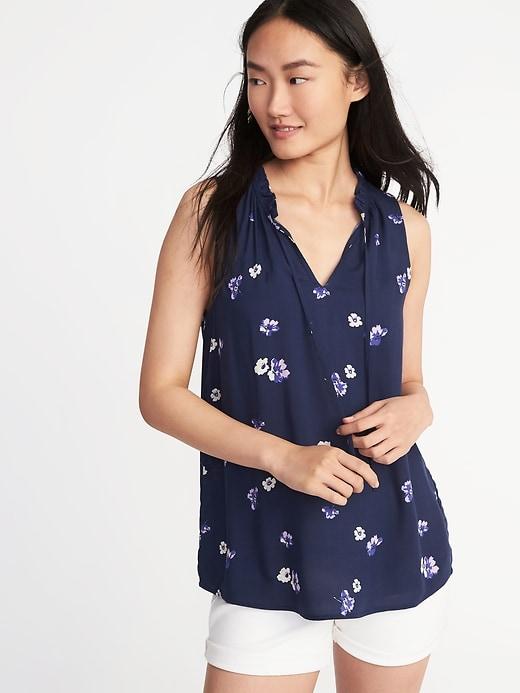 Old Navy Womens Relaxed Sleeveless Ruffle-neck Blouse For Women Navy Blue Print Size Xl