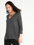 Old Navy Womens Relaxed Lace-up-yoke Sparkle-knit Top For Women Charcoal Heather Size S