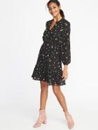 Old Navy Womens Floral Georgette Waist-defined Dress For Women Black Ditsy Floral Size S