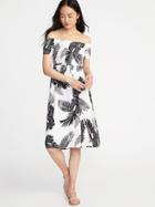 Old Navy Womens Fit & Flare Off-the-shoulder Midi Dress For Women White Palm Print Size Xxl