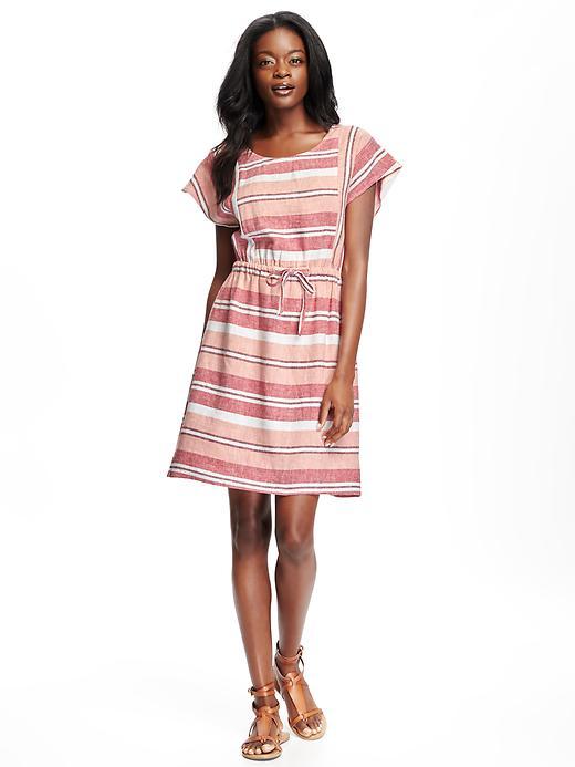 Old Navy Patterned Linen Drawstring Dress For Women - Orange Stripe