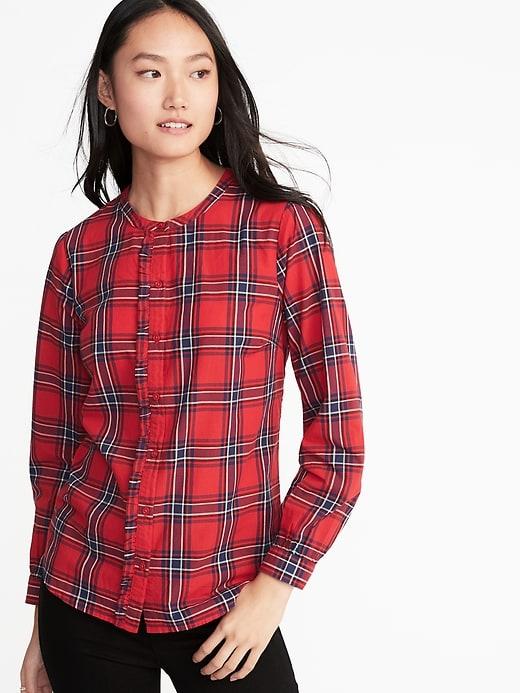 Old Navy Womens Relaxed Plaid Ruffle-trim Shirt For Women Red Plaid Size S