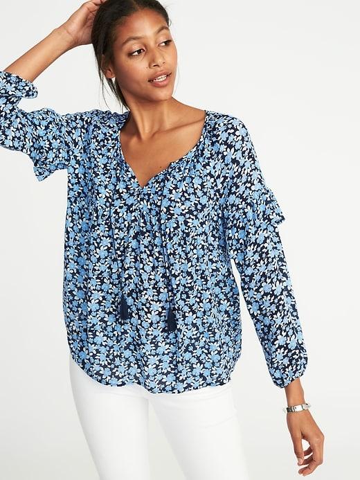 Old Navy Womens Boho Tassel-tie Swing Top For Women Blue Floral Size M