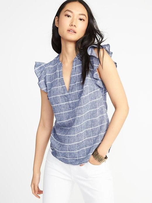 Old Navy Womens Sleeveless Dobby-windowpane Linen-blend Top For Women Blue/white Stripe Size M