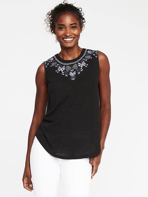 Old Navy Floral Embroidered Linen Blend Tank For Women - Black