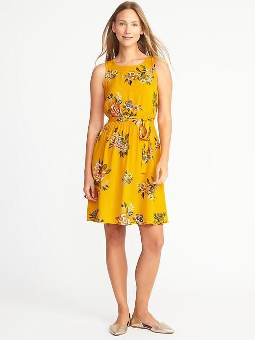 Old Navy Womens Waist-defined Tie-belt Dress For Women Yellow Floral Size M