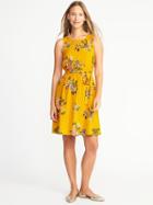 Old Navy Womens Waist-defined Tie-belt Dress For Women Yellow Floral Size M