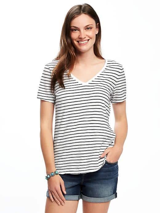 Old Navy Relaxed Slub Knit V Neck Tee For Women - White Stripe