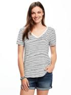 Old Navy Relaxed Slub Knit V Neck Tee For Women - White Stripe