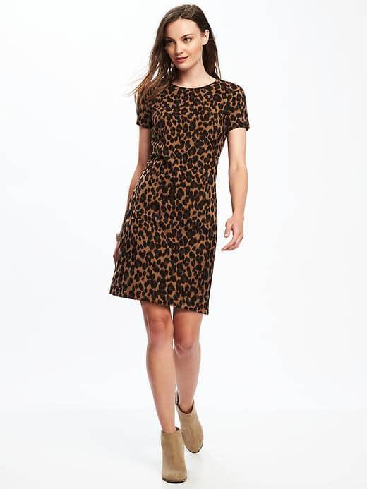 Old Navy Fitted Crew Neck Tee Dress For Women - Brown Leopard