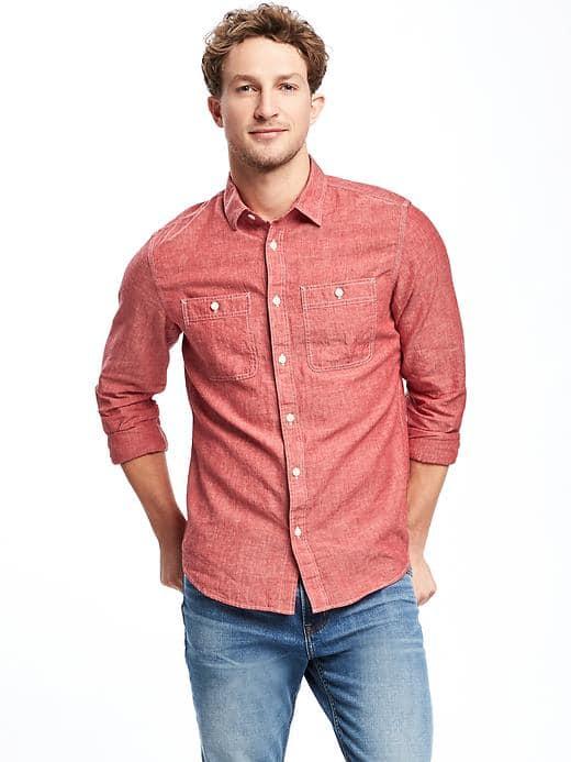 Old Navy Slim Fit Linen Blend Chambray Shirt For Men - Red Chambray