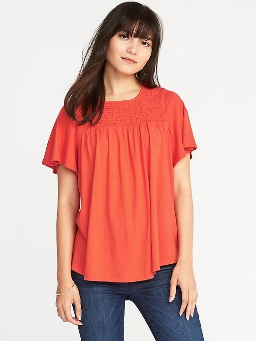 Old Navy Womens Relaxed Smocked-yoke Jersey Top For Women Longstocking Red Size Xl
