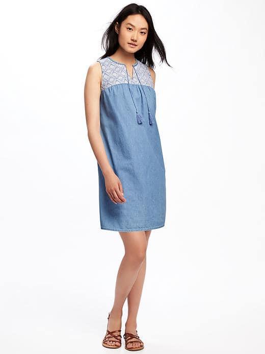 Old Navy Embroidered Yoke Chambray Shift Dress For Women - Light Tone Chambray