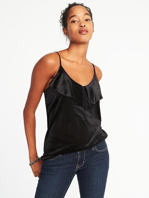 Old Navy Womens Relaxed Ruffle-trim Velvet Cami For Women Black Size Xxl
