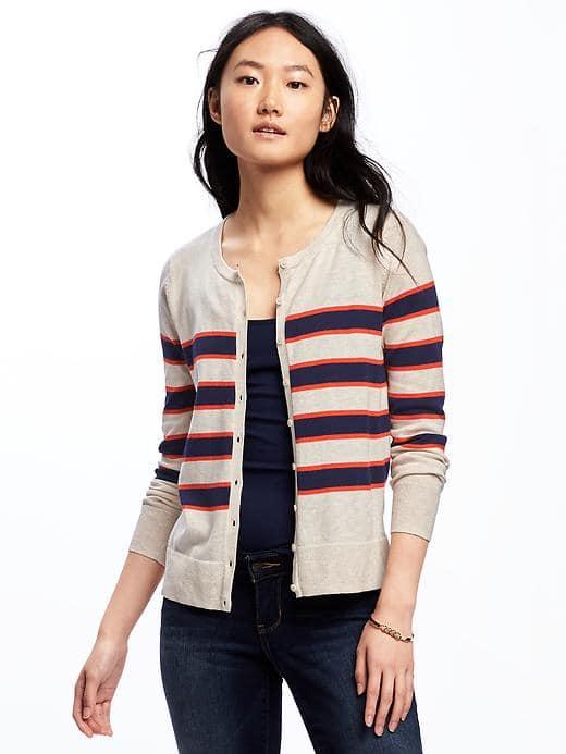 Old Navy Classic Button Front Striped Cardi For Women - Oatmeal Stripe