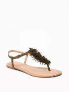 Old Navy Womens Sueded Fringe T-strap Sandals For Women Olive Size 8