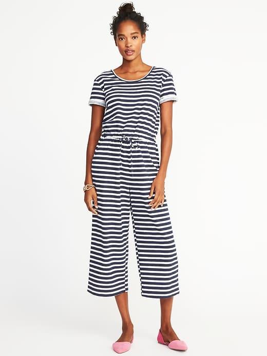 Old Navy Womens Wide-leg Waist-defined Boucl Jumpsuit For Women Navy Stripe Size L