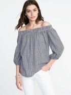 Old Navy Womens Off-the-shoulder Gingham Top For Women Blue Gingham Size Xl
