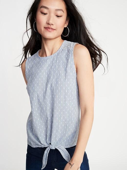 Sleeveless Textured-stripe Tie-hem Top For Women