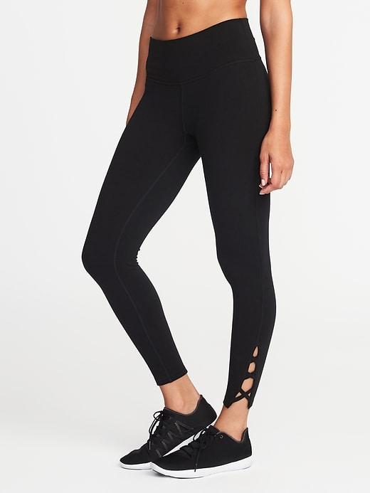 Old Navy Womens High-rise 7/8-length Lattice-hem Yoga Leggings For Women Black Size M