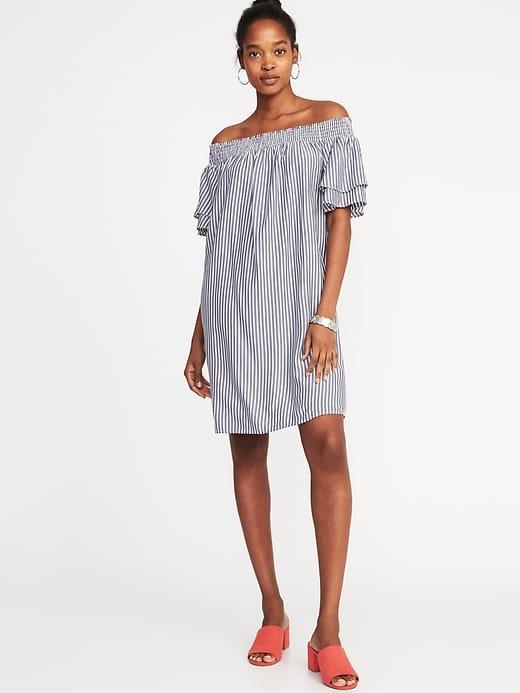 Old Navy Womens Off-the-shoulder Smocked Shift Dress For Women White & Blue Stripe Size M