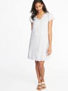 Old Navy Womens Tassel-tie Linen-blend Swing Dress For Women White & Blue Stripe Size L