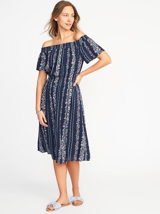 Old Navy Womens Off-the-shoulder Waist-defined Midi Dress For Women Navy Floral Size Xl