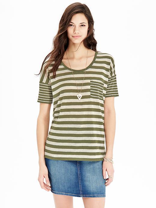 Old Navy Womens Linen Blend Boyfriend Tees Size L Tall - Olive Stripe