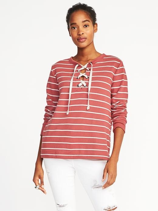 Old Navy Womens Relaxed Lace-up French-terry Sweatshirt For Women Red Stripes Size Xxl