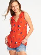 Old Navy Womens Relaxed Sleeveless Ruffle-neck Blouse For Women Red Print Size L
