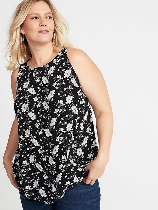 Old Navy Womens Floral-print High-neck Crepe Plus-size Swing Tank Black Floral Print Size 1x