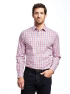 Old Navy Slim Fit Non Iron Signature Stretch Dress Shirt For Men - Happy Coral Plaid