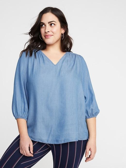 Chambray Plus-size Peasant Blouse