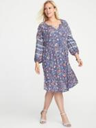 Old Navy Womens Plus-size Boho Tassel-tie Swing Dress Light Blue Print Size 1x