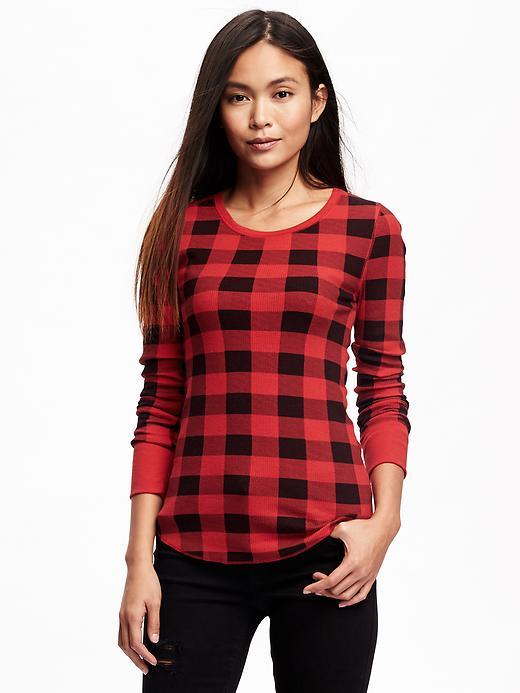 Old Navy Waffle Knit Patterned Tee For Women - Red Buffalo Plaid