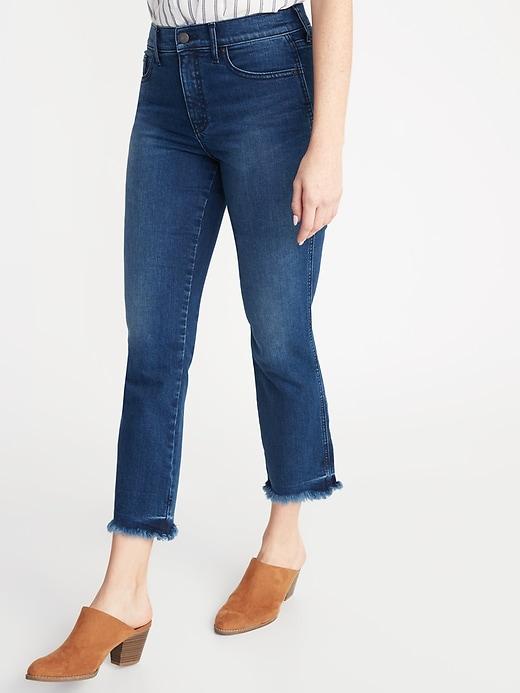 High-rise Secret-slim Raw-edge Flare Ankle Rockstar Jeans For Women