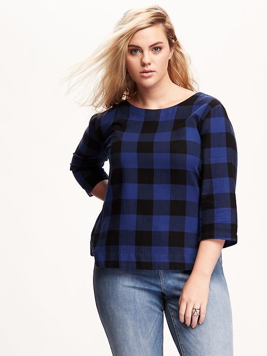 Old Navy Herringbone Plaid Plus Size Top Size 1x Plus - Navy Blue Check