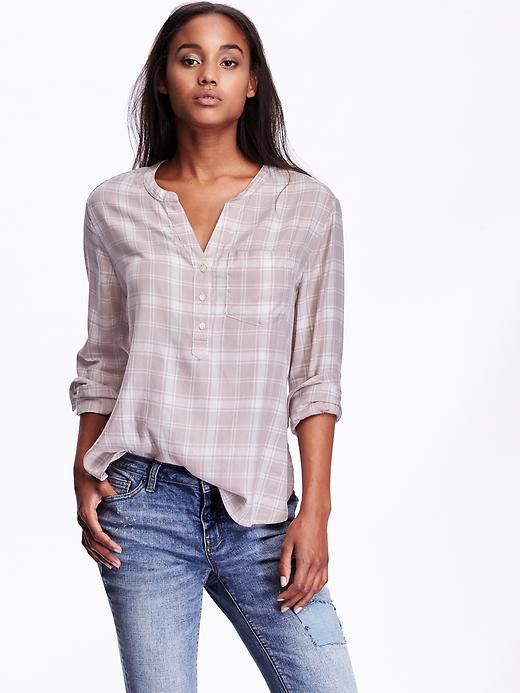 Old Navy Womens Drapey Mandarin Collar Plaid Top Size L Tall - Icelandic Mineral