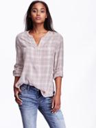 Old Navy Womens Drapey Mandarin Collar Plaid Top Size L Tall - Icelandic Mineral