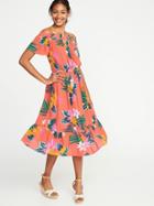 Old Navy Womens Waist-defined Off-the-shoulder Crinkle-gauze Midi Dress For Women Red Floral Size Xs