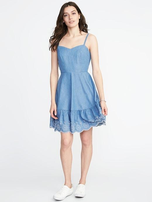 Old Navy Womens Fit & Flare Embroidered-hem Cami Dress For Women Chambray Blue Size Xs