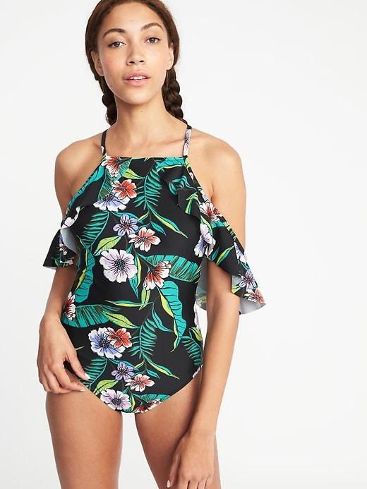 Old Navy Womens Cold-shoulder Swimsuit For Women Black Floral Size L