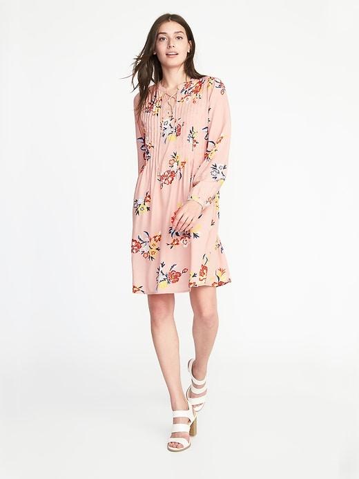 Old Navy Womens Lace-up-yoke Swing Dress For Women Pink Print Size Xs