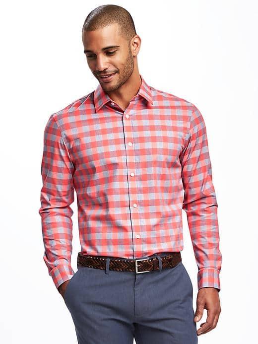 Old Navy Slim Fit Built In Flex Signature Non Iron Shirt For Men - Coral Tropics