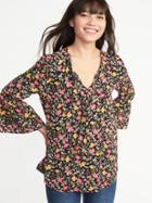 Old Navy Womens Floral Tie-neck Bell-sleeve Blouse For Women Black Ditsy Floral Size Xs