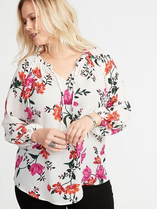 Old Navy Womens Ruffled Tie-neck Plus-size Georgette Blouse White Floral Size 2x