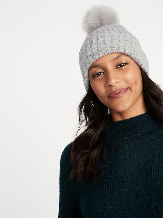 Old Navy Womens Rib-knit Pom-pom Beanie For Women Gray Size One Size